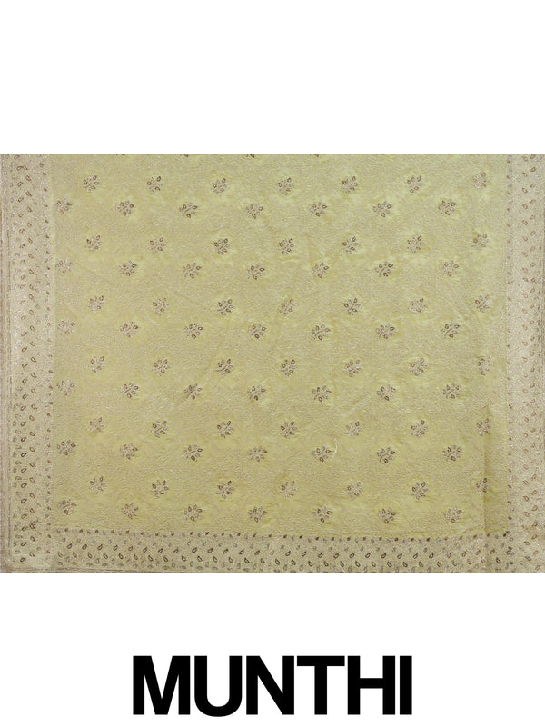 Lemon yellow designer art silk saree with all-over floral embroidery and sequin work