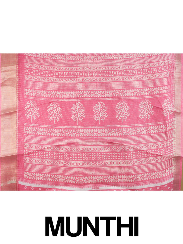 Pink and white chevron print designer saree with gold zari border and tree-motif pallu