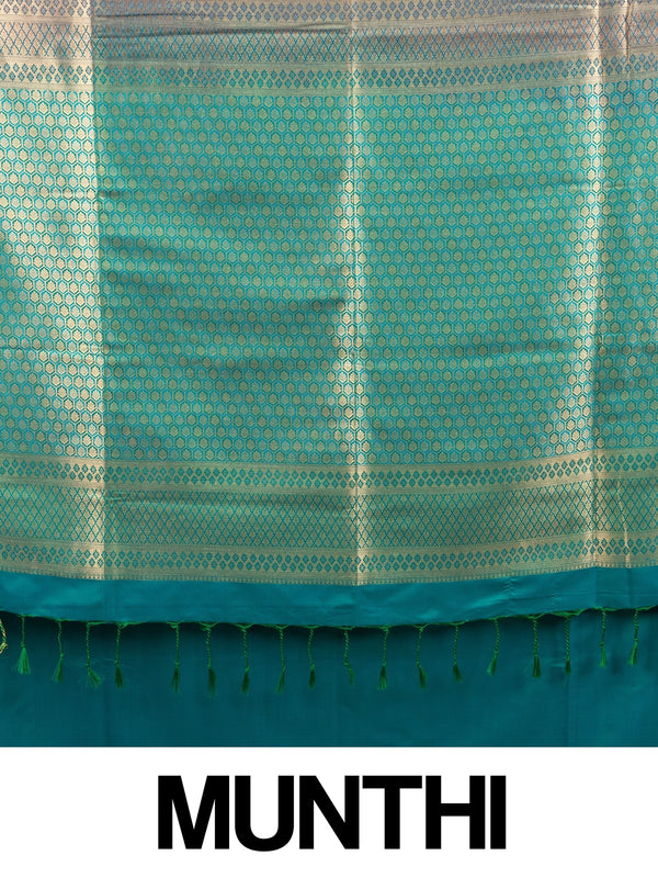 Maroon semi silk saree with gold zari buttas and a contrast teal zari border and pallu