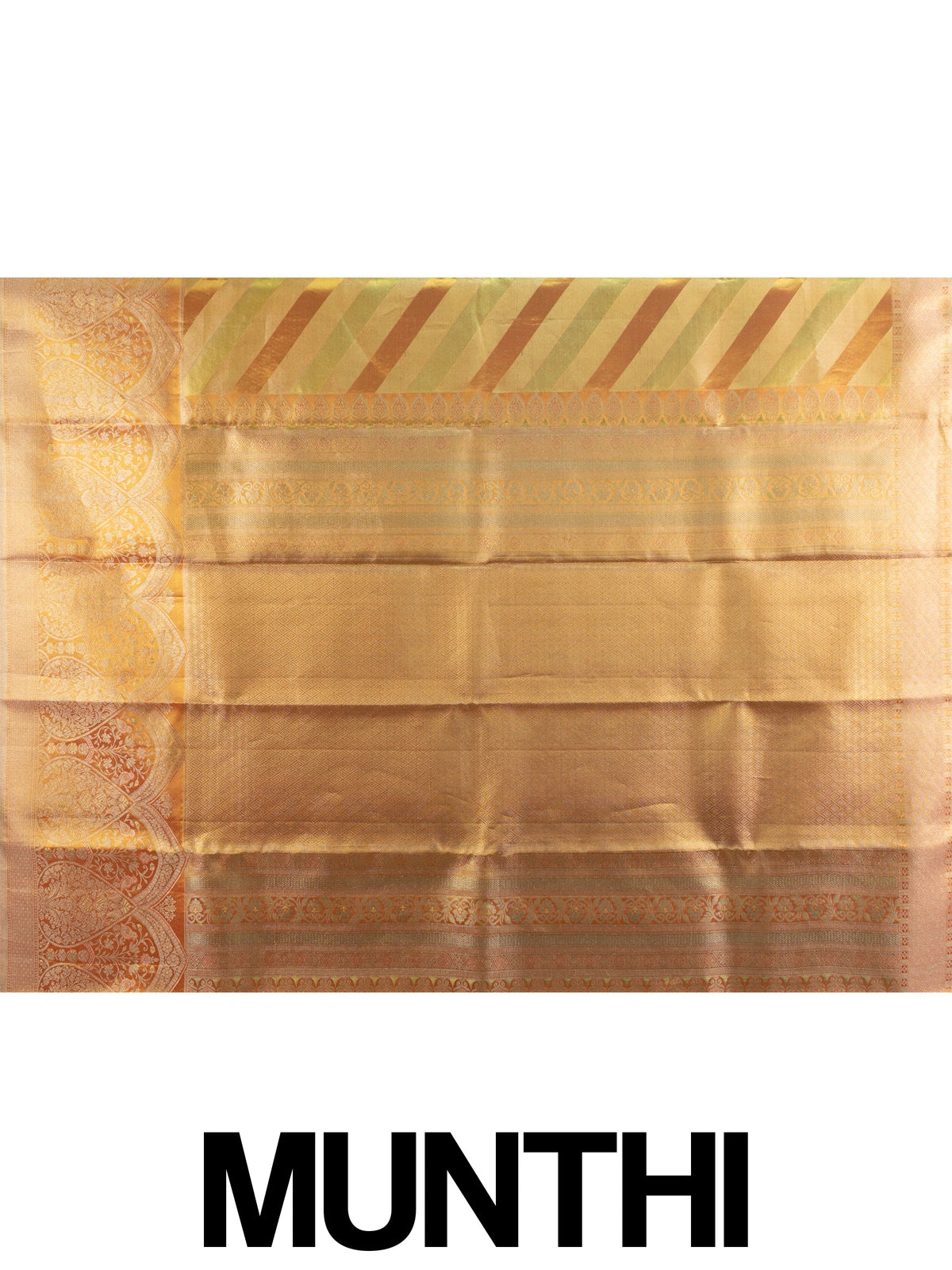 Gold and orange pure Kanchipuram silk saree with diagonal zari stripes and floral zari border