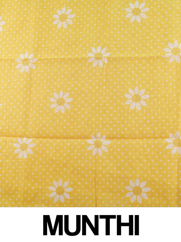 Yellow and white polka dot linen cotton saree with daisy floral prints and slim golden border