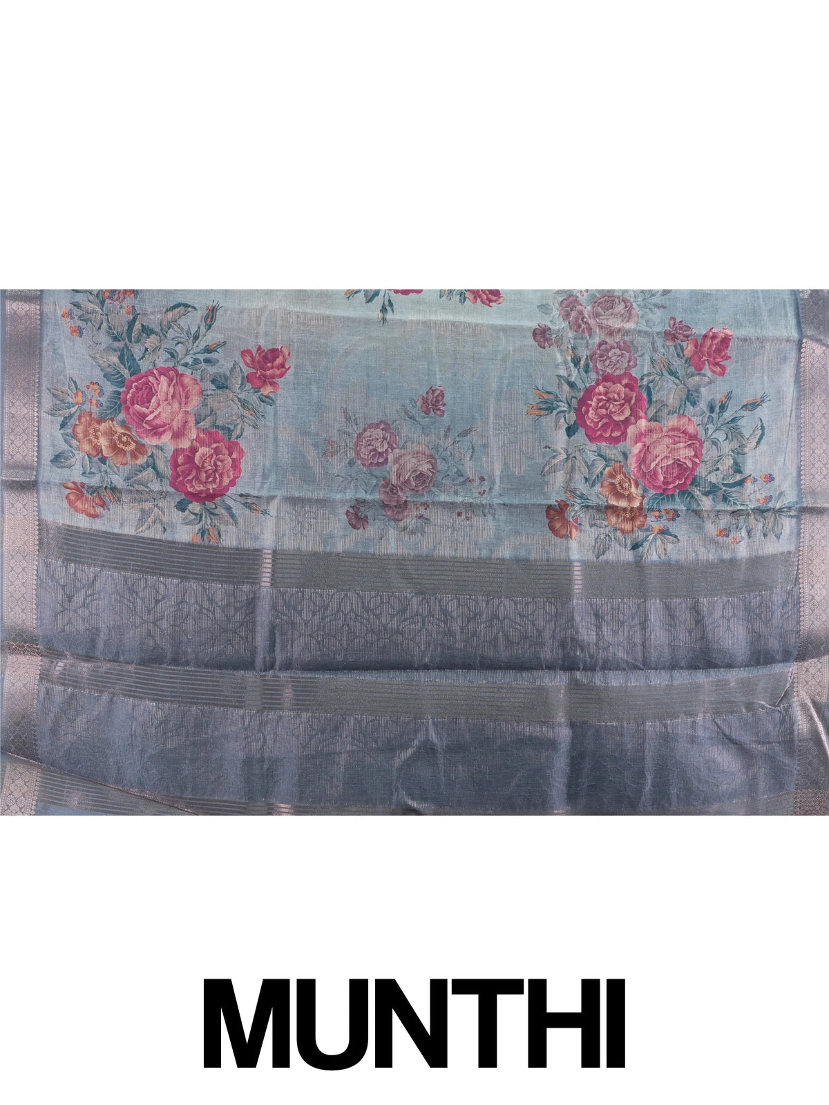 Grey semi tussar saree with pink floral prints and silver zari border