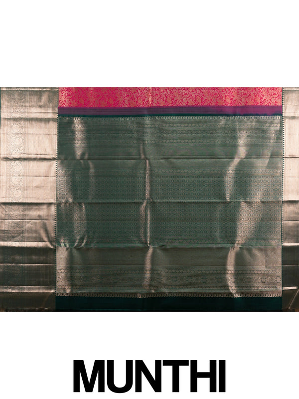 Rani pink pure Kanchipuram silk saree with green contrast border and gold zari floral jaal