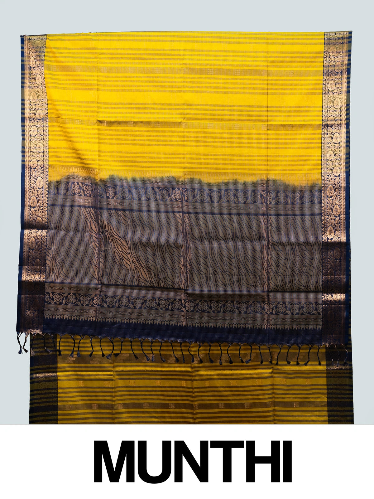 Mustard yellow soft silk saree with navy blue gold zari border and floral pallu