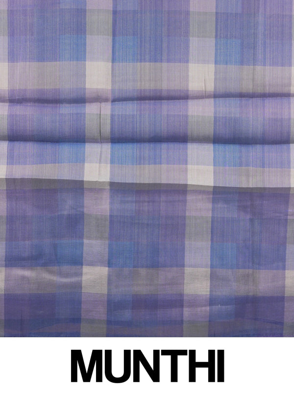 Cream linen cotton saree with blue and purple checked contrast pallu and border