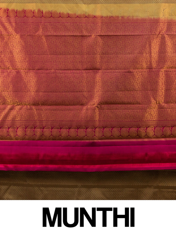 Mehendi green pure Kanchipuram silk saree with contrast magenta border and gold zari pallu