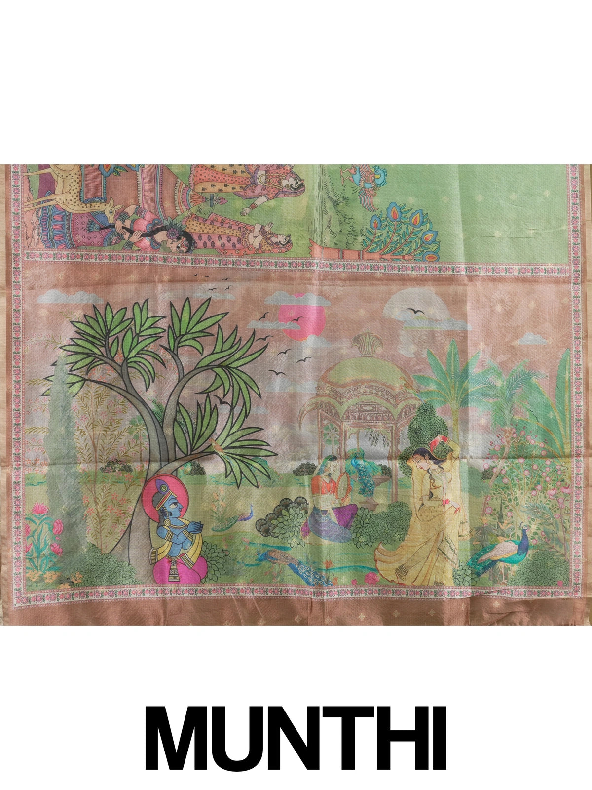 Green semi tussar saree with gold zari border, zari buttas and a multicolour Kalamkari printed pallu with a copper brown floral blouse
