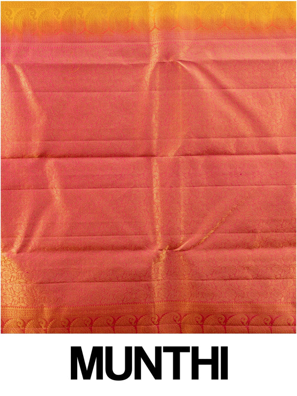 Mustard mustard pure Kanchipuram silk saree with contrast pink gold zari border and zari pallu
