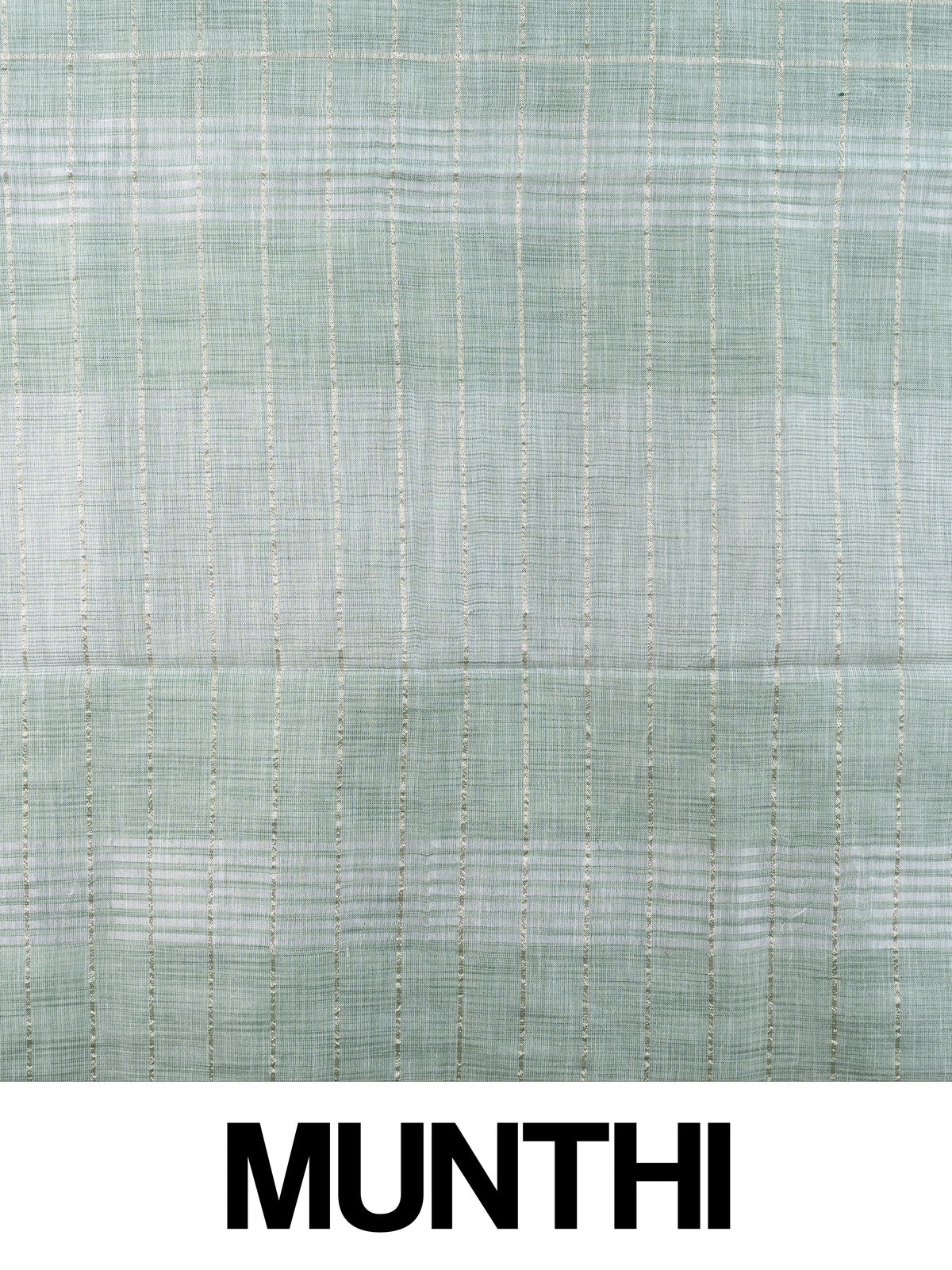 Sage green linen cotton saree with gold zari checked pattern and striped pallu