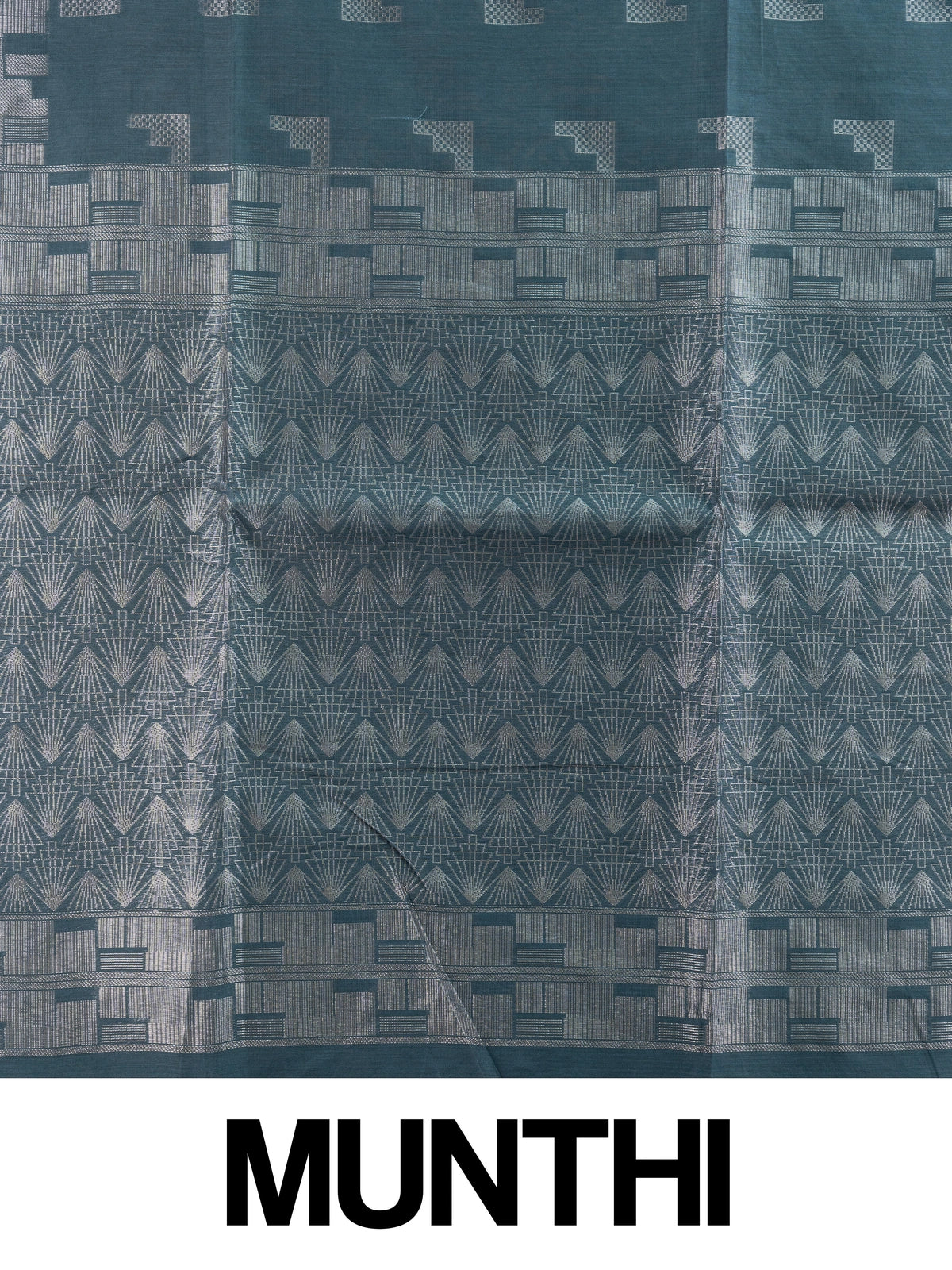 Teal blue silk cotton saree with silver zari geometric motifs and patterned pallu