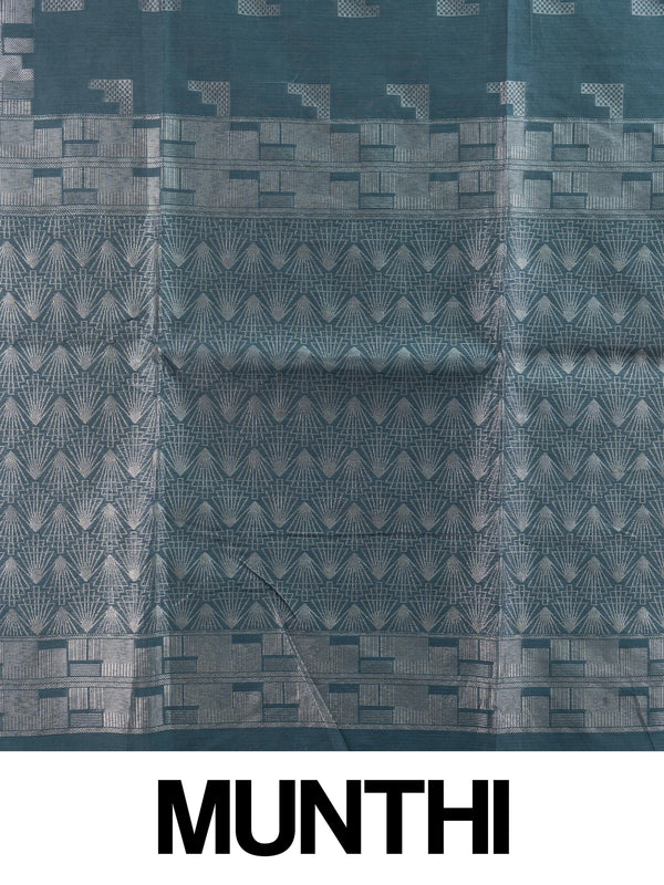 Teal blue silk cotton saree with silver zari geometric motifs and patterned pallu