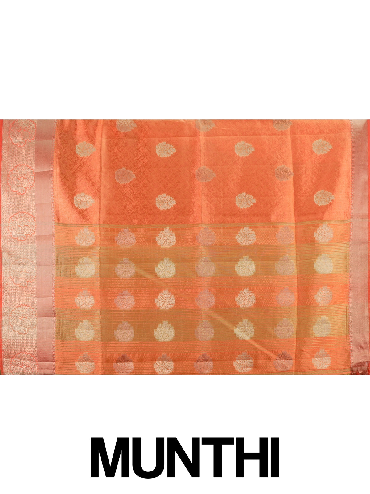 Orange semi tussar saree with gold zari floral buttas and ornate contrast zari border