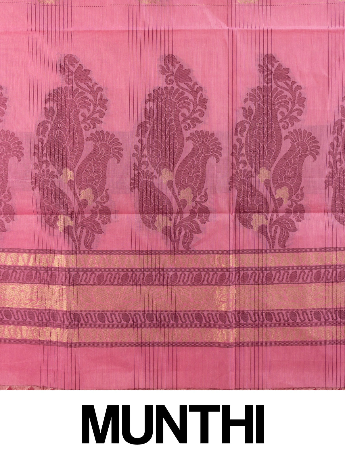 Pink silk cotton saree with magenta contrast border, gold zari buta motifs and woven paisley pallu
