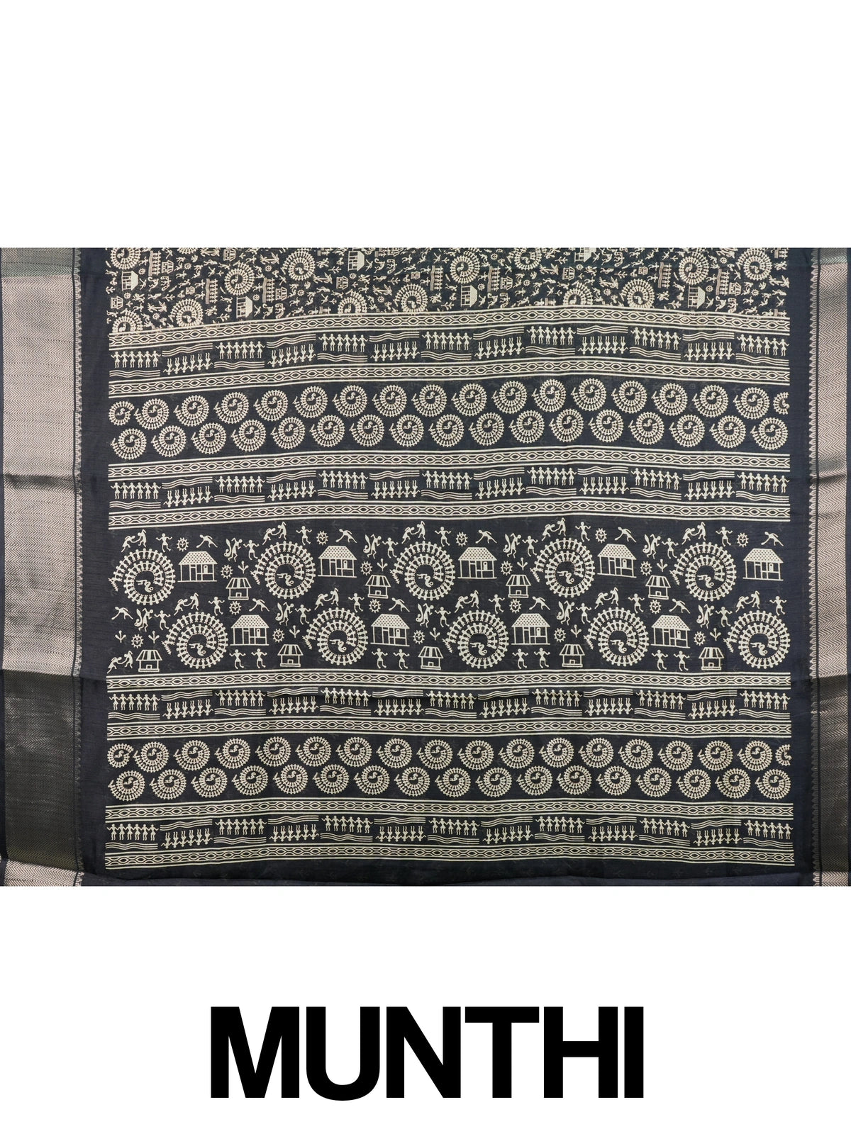 Black designer saree with cream Warli tribal art print and silver zari chevron border