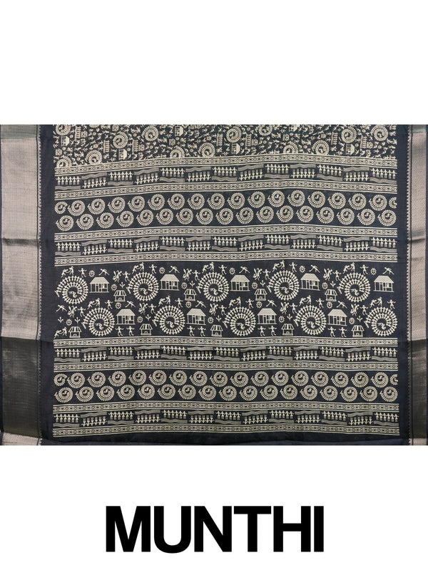 Black designer saree with cream Warli tribal art print and silver zari chevron border
