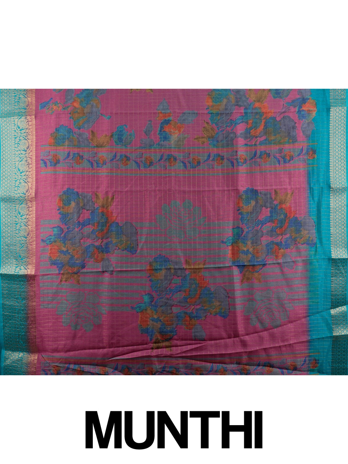 Magenta Dola silk saree with multicolour floral print and contrast teal gold zari border