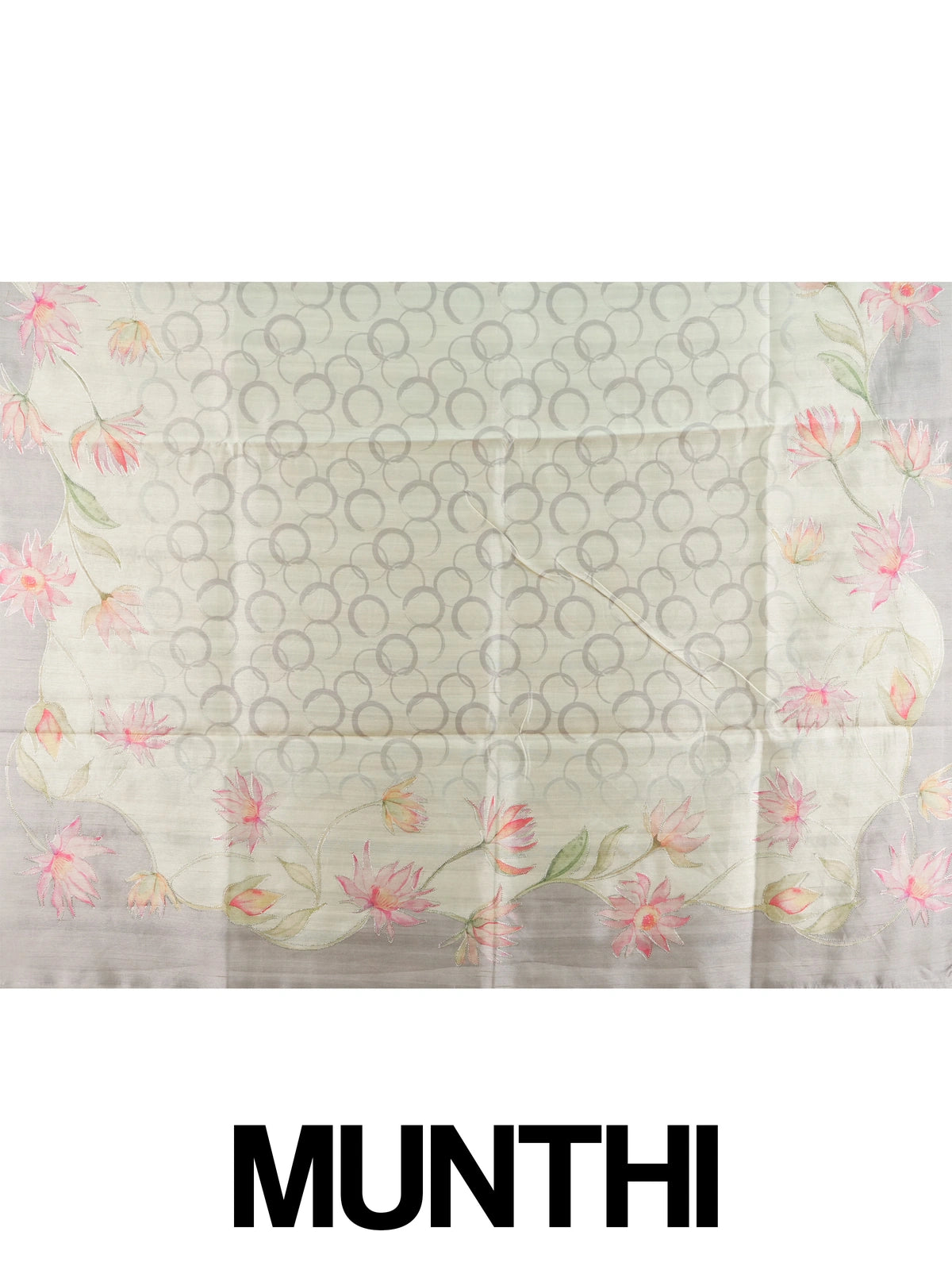 Cream and grey art silk designer saree with hand-painted lotus florals, silver outlining and a contrast grey border