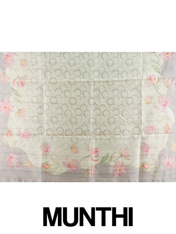 Cream and grey art silk designer saree with hand-painted lotus florals, silver outlining and a contrast grey border