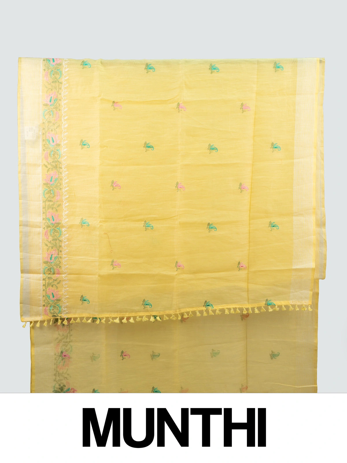 Yellow linen cotton saree with embroidered paisley buti motifs and gold zari border
