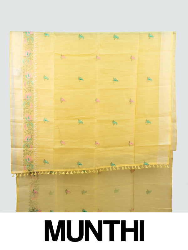 Yellow linen cotton saree with embroidered paisley buti motifs and gold zari border
