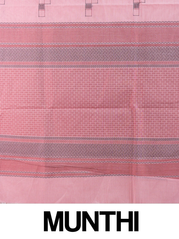 Pink silk cotton saree with grey geometric motifs and contrast border
