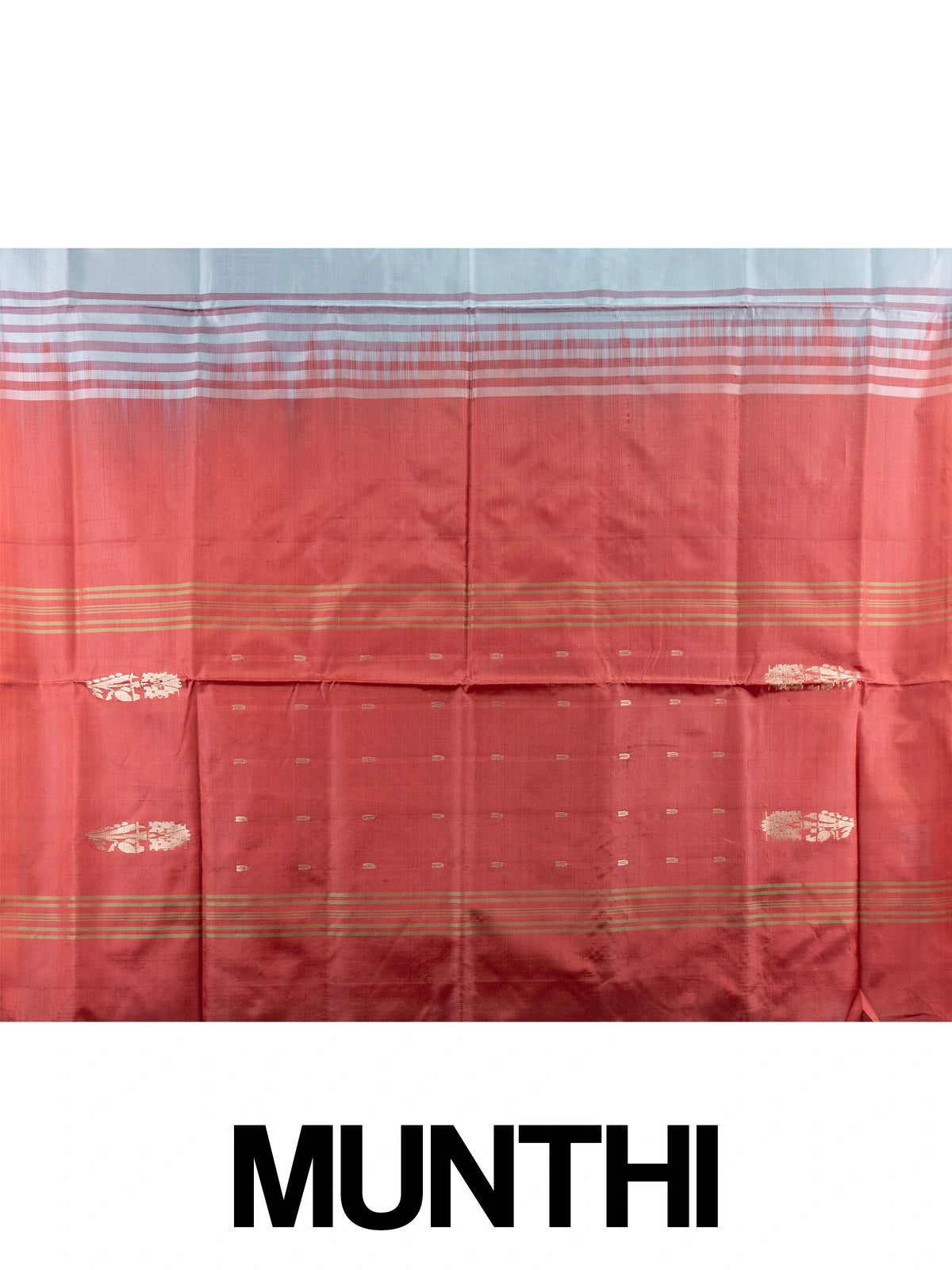 Grey-blue Banana Silk saree with blue buta motifs and a contrast red pallu with gold zari stripes