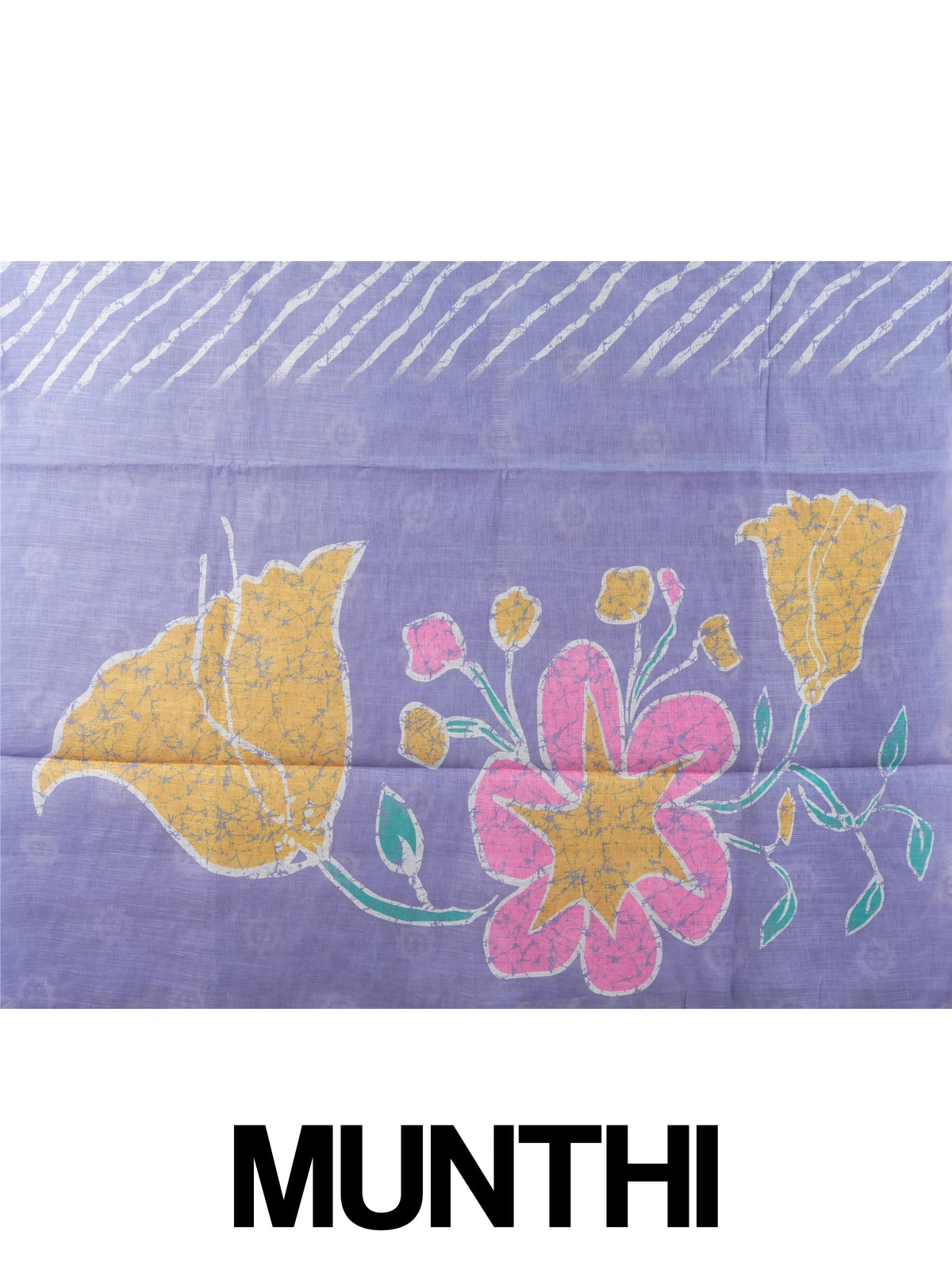 Lavender linen cotton saree with white leheriya batik stripes, multicolour floral batik pallu and golden zari border