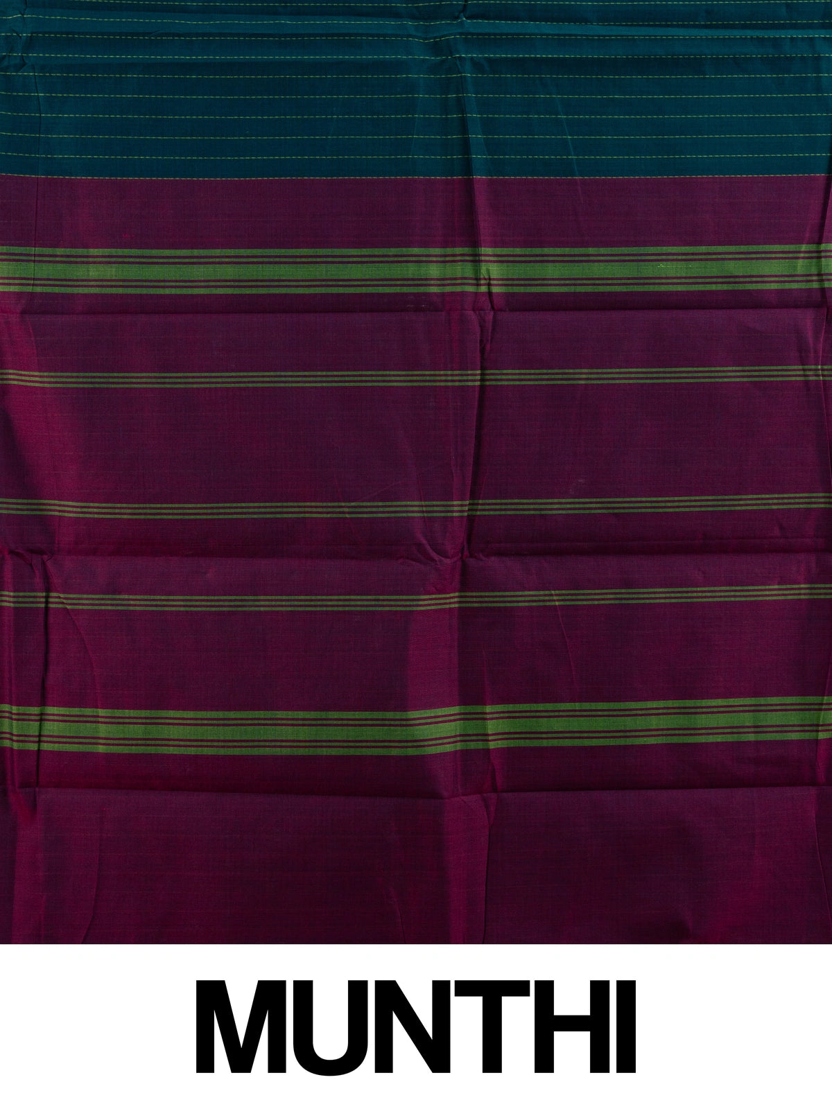 Teal blue Chettinad cotton saree with green pinstripes, gold zari border and contrast magenta pallu