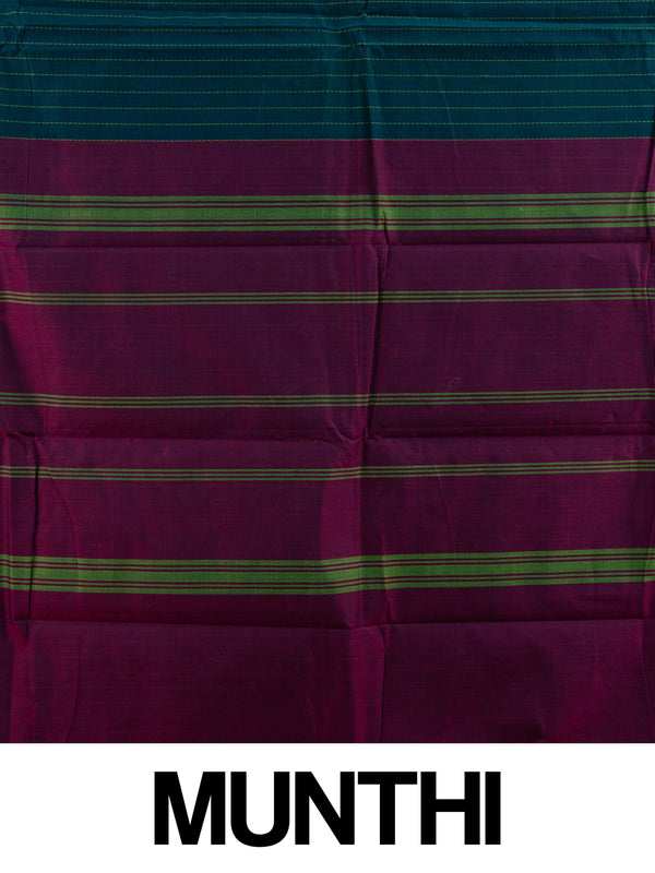 Teal blue Chettinad cotton saree with green pinstripes, gold zari border and contrast magenta pallu