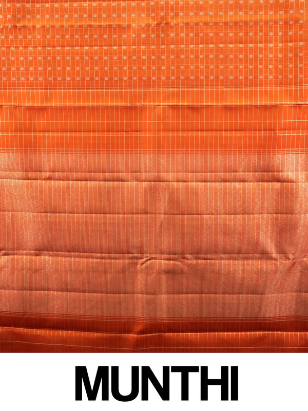 Orange pure Kanchipuram silk saree with self checks, butta motifs and copper-gold zari border
