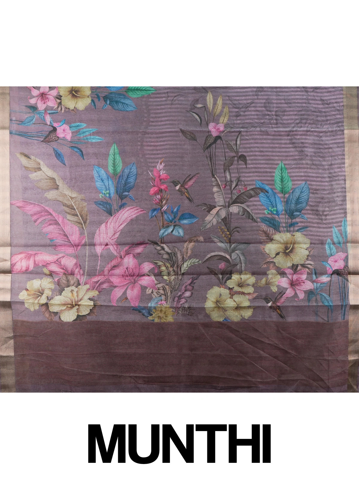 Mauve semi tussar saree with tropical floral printed pallu, gold zari border and contrast yellow blouse