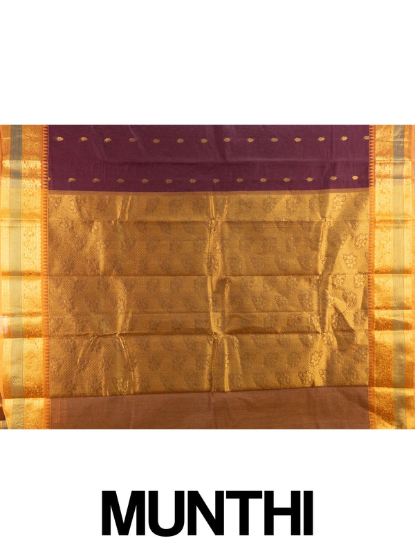 Wine Chettinad cotton saree with gold zari buttas and contrast mustard-gold temple border