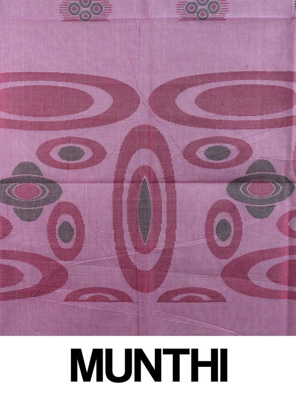 Mauve silk cotton saree with grey contrast border and woven circular buttas