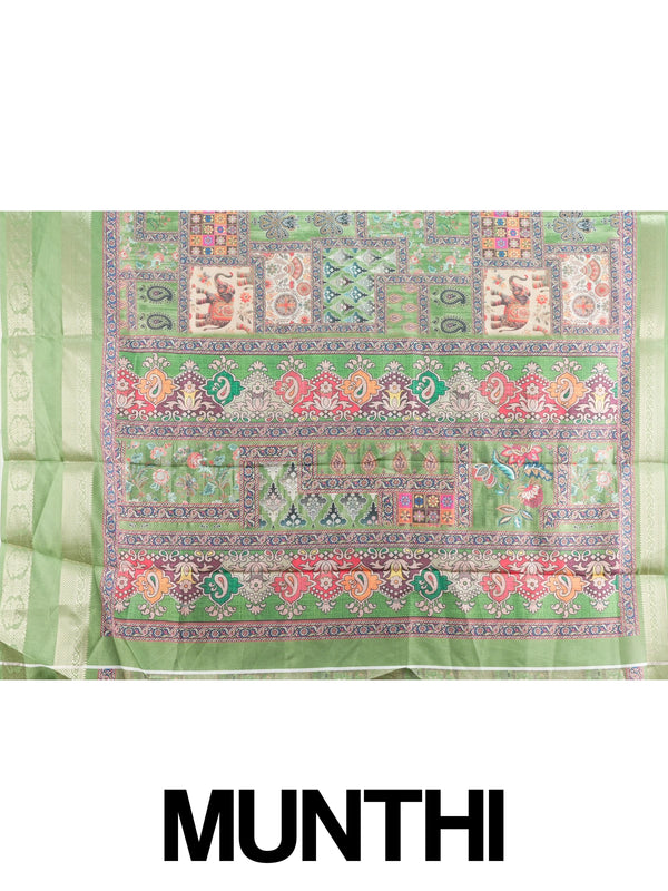 Green multicolour patchwork print Dola silk saree with elephant motifs and contrast zari border