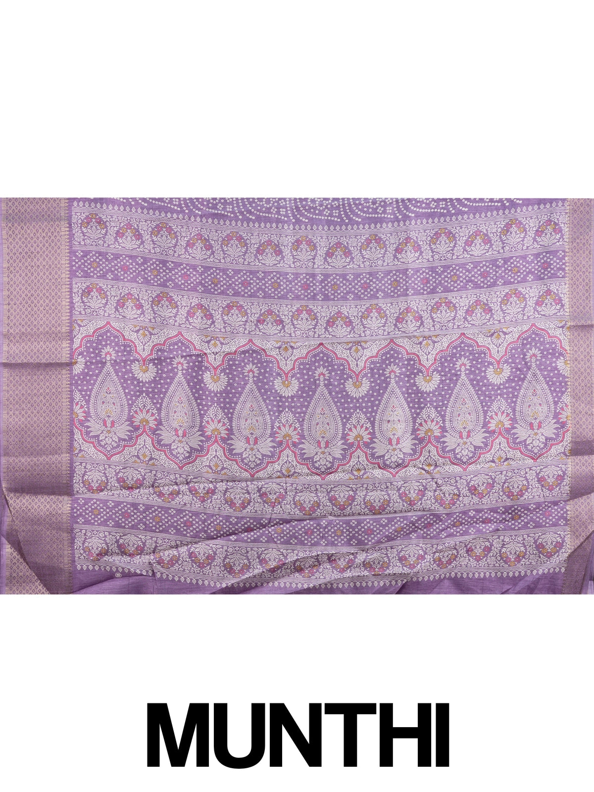 Lavender bandhani print designer saree with gold zari border and paisley pallu