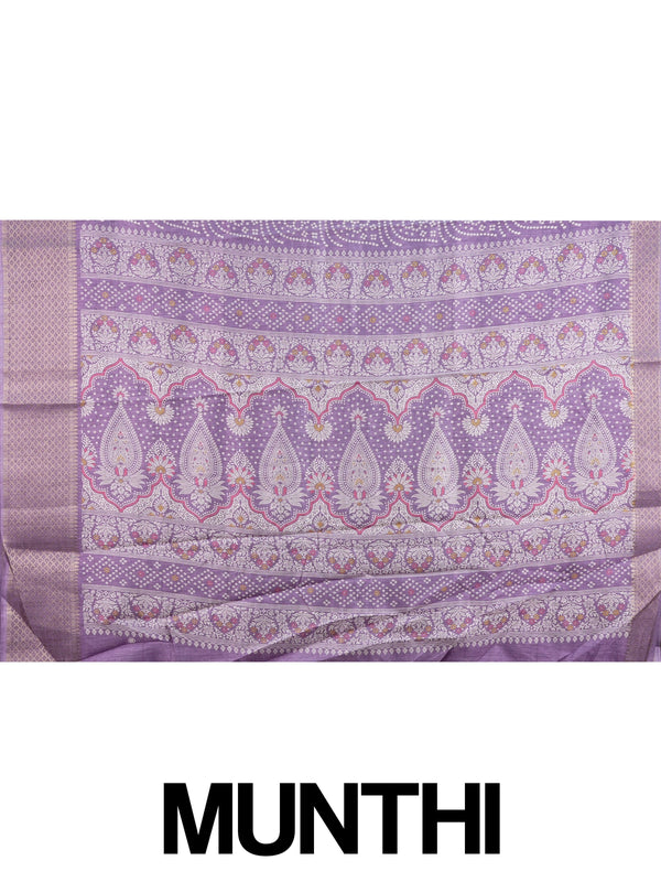 Lavender bandhani print designer saree with gold zari border and paisley pallu