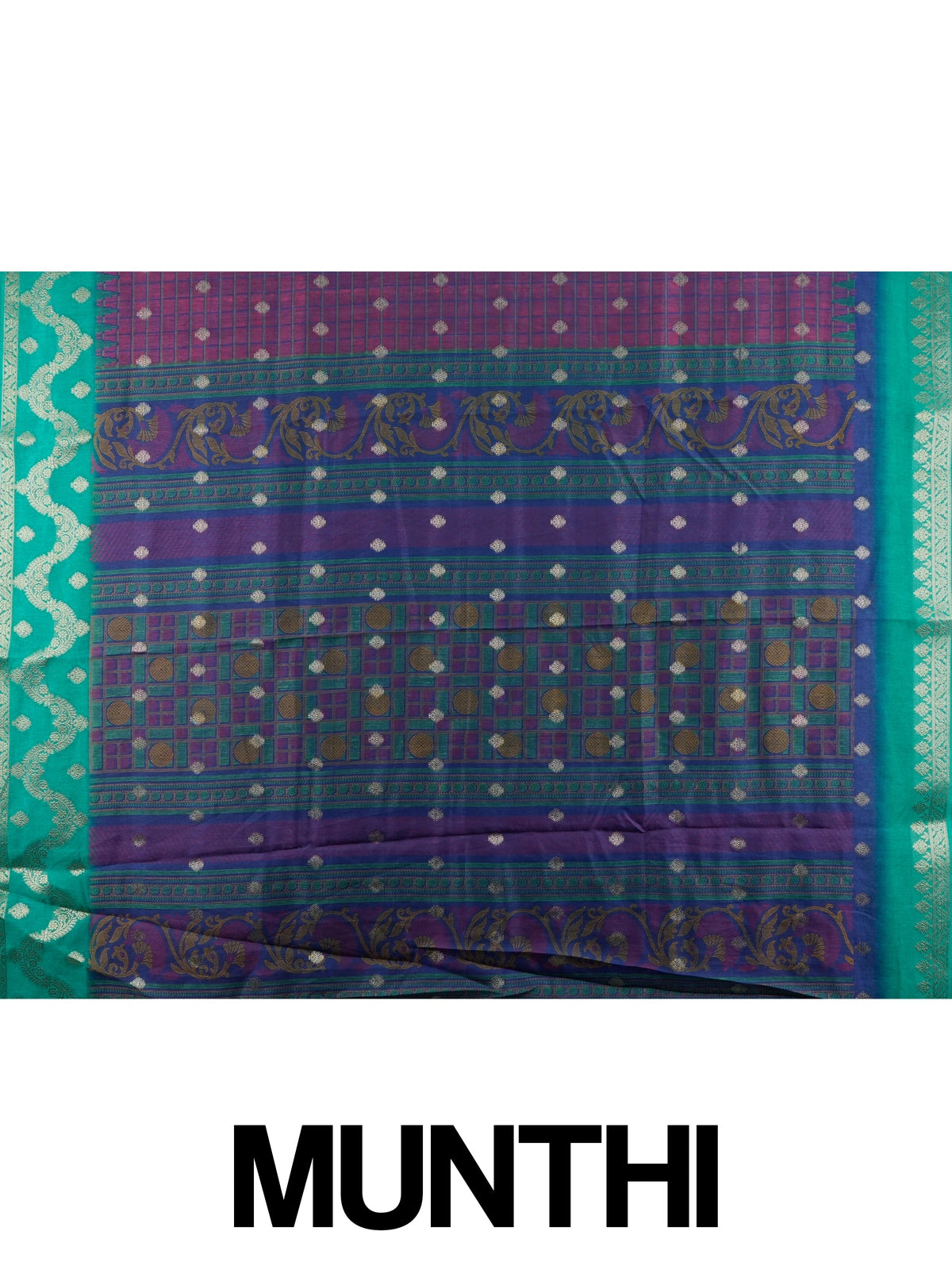 Purple Dola silk saree with teal green contrast zari border and silver zari buttas
