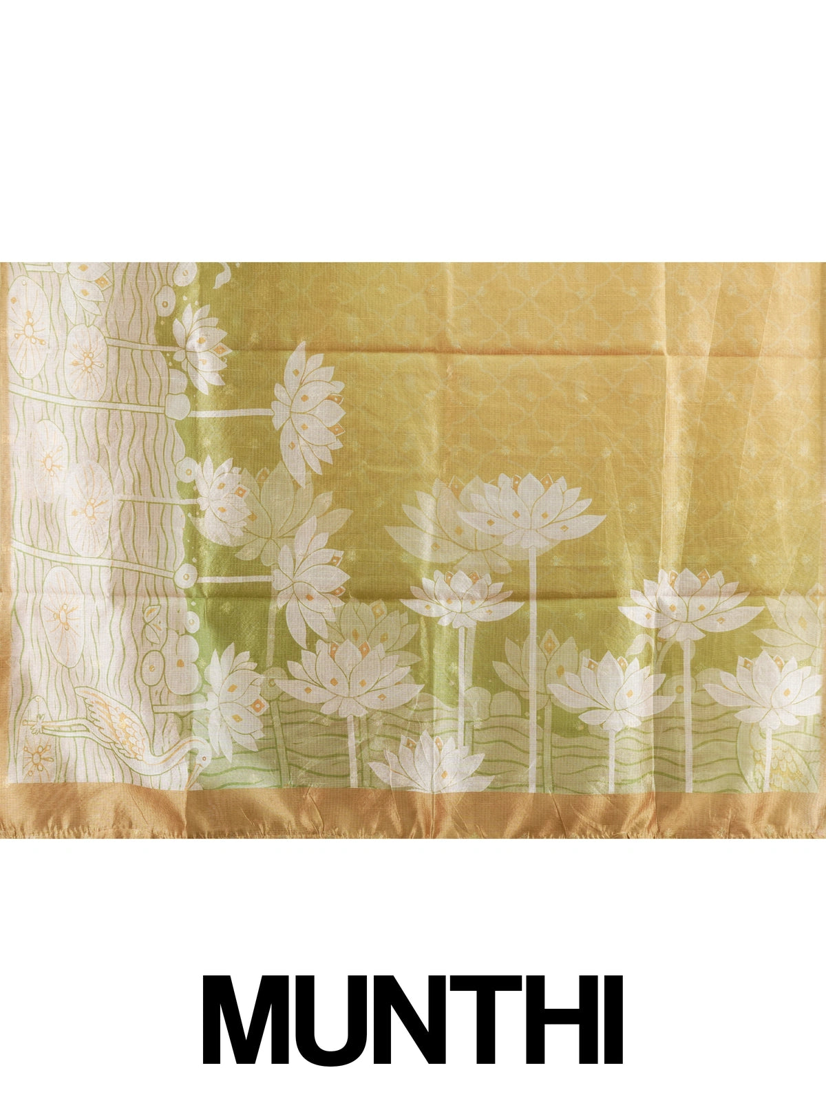 Mustard yellow and olive green Semi Tussar saree with white lotus-pond print and gold zari border