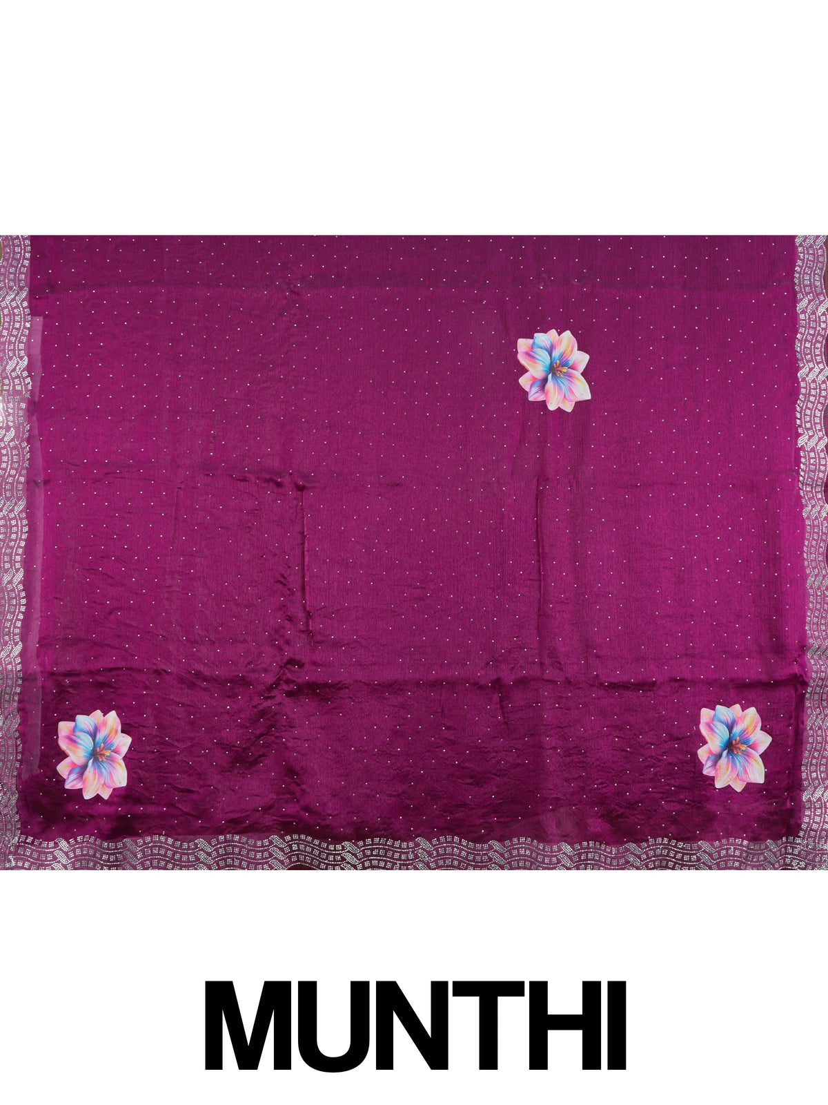 Magenta designer saree with multicolour floral print and silver stone-work border