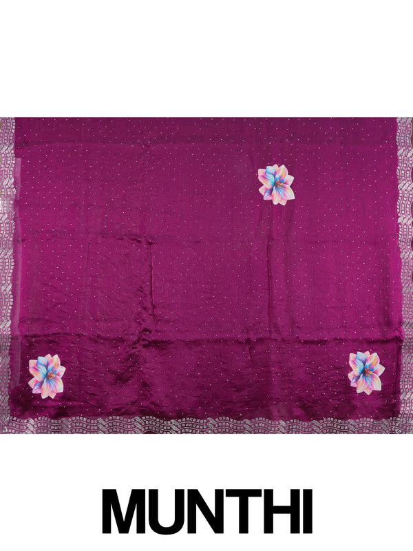 Magenta designer saree with multicolour floral print and silver stone-work border