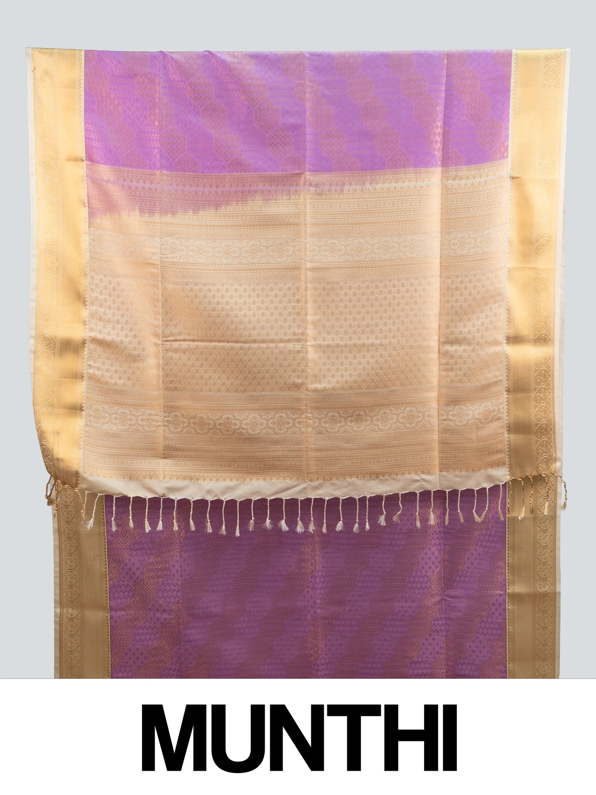 Lavender purple Kanchipuram fancy silk saree with contrast cream-gold zari border and woven pallu