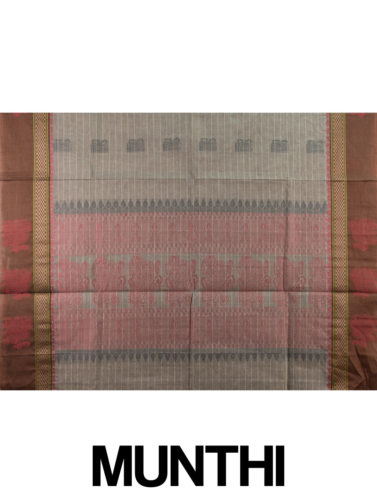 Grey and brown semi raw silk saree with striped body, woven buttas, and contrast temple-motif border
