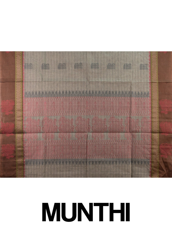 Grey and brown semi raw silk saree with striped body, woven buttas, and contrast temple-motif border