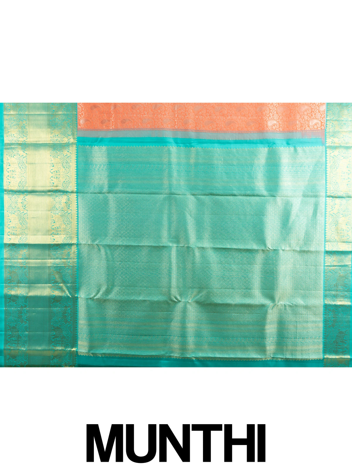 Coral orange pure Kanchipuram silk saree with teal green gold zari elephant border and matching blouse
