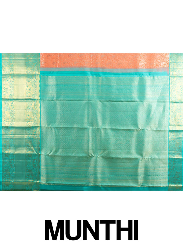 Coral orange pure Kanchipuram silk saree with teal green gold zari elephant border and matching blouse