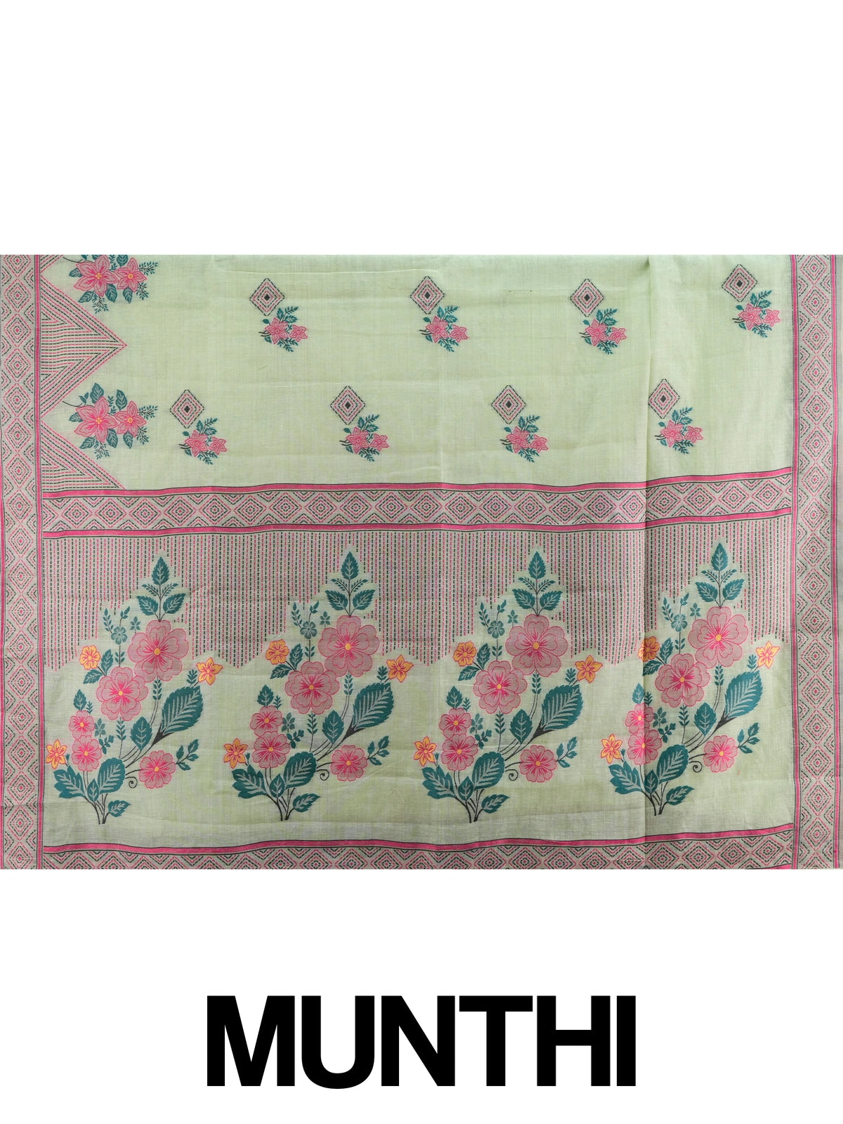Pastel green linen cotton saree with pink floral print and geometric contrast border