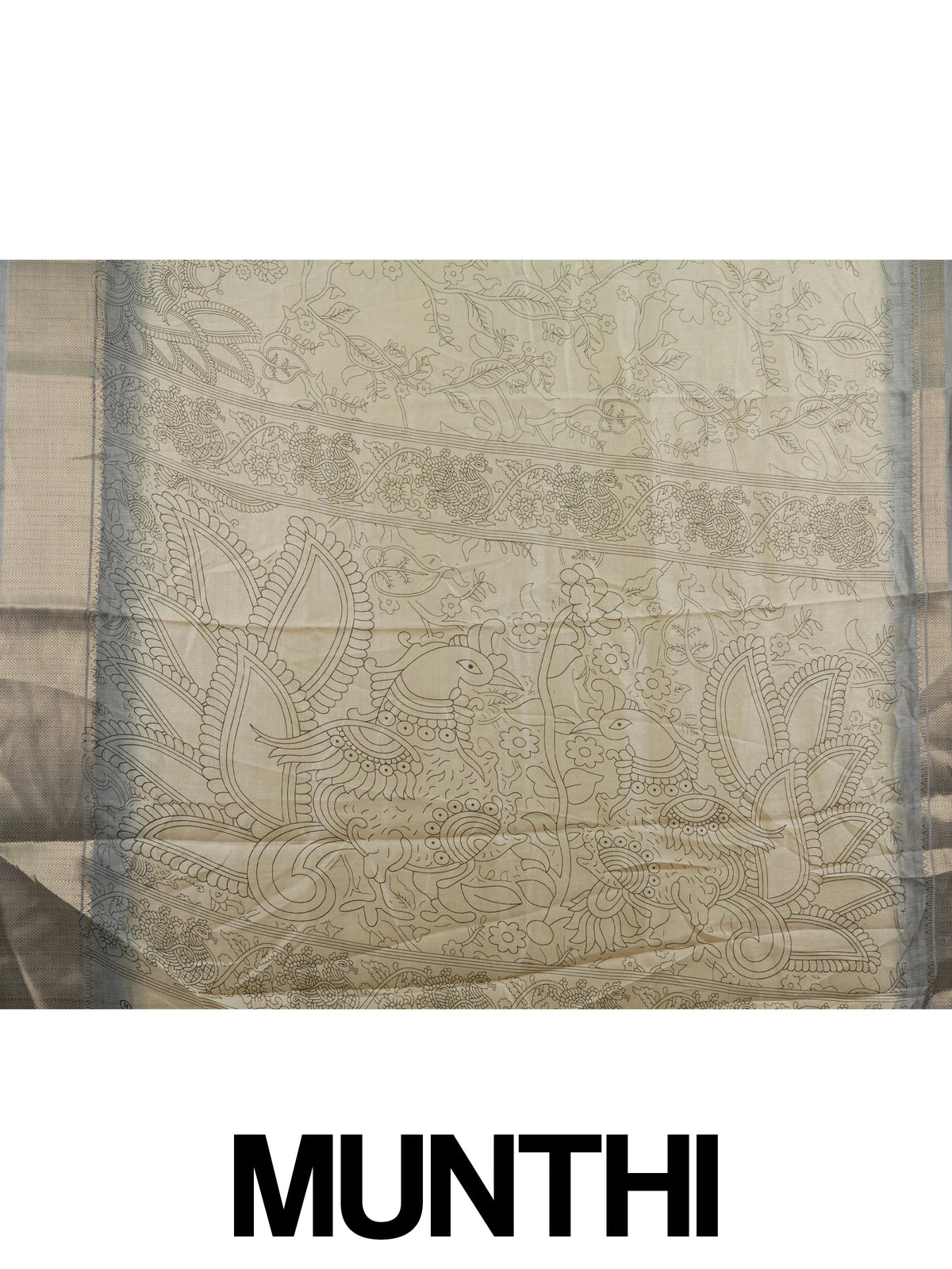 Beige Dola silk saree with Kalamkari peacock and floral motifs and contrast grey silver zari border