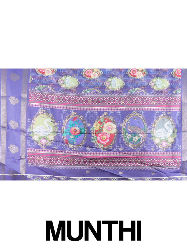 Violet Dola silk saree with gold-framed swan and floral cameo prints and a contrast zari border