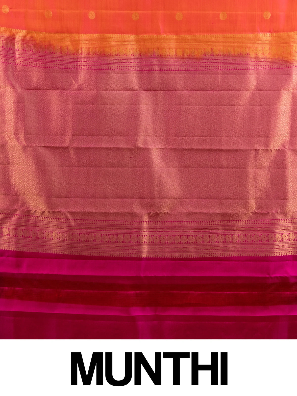 Orange pure Kanchipuram silk saree with contrast pink border and gold zari buttas