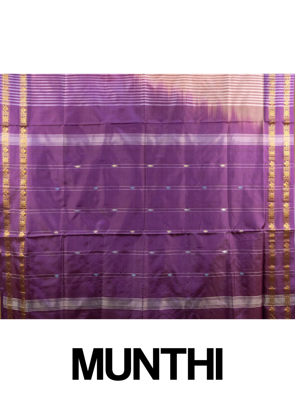 Peach banana silk saree with purple contrast border and gold zari pallu